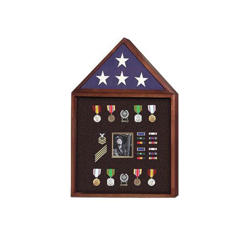 Elegant Flag and Badge display case showcasing a 5'x8' military flag with a rich wood finish and customizable background.