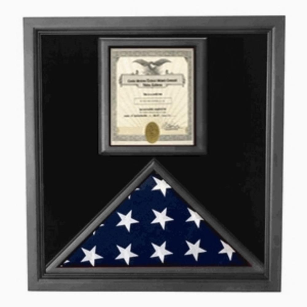 Elegant black-framed flag and certificate case made from cherry wood, displaying an American flag and certificate.