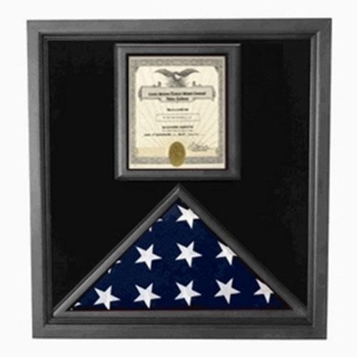 Black-framed Flag and Certificate Case displaying a folded 3" x 5" American flag and an 8.5" x 11" certificate, crafted from cherry wood.