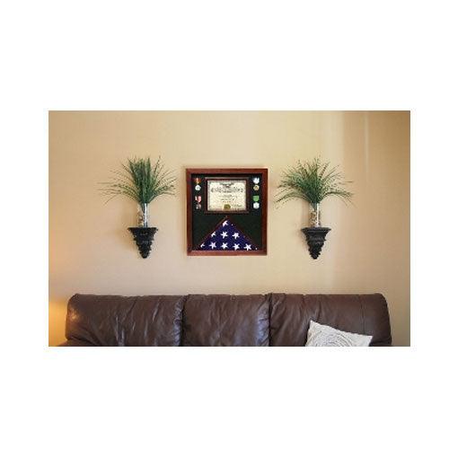 Elegant cherry wood Flag and Certificate Case with glass front, displaying a military flag and certificate.