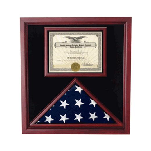 Cherry wood flag and certificate display case with glass front, showcasing a 3' x 5' flag and an 8.5" x 11" certificate.