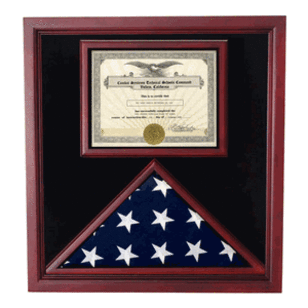 Elegant cherry wood flag and certificate display case with glass front and black lining, showcasing a 3' x 5' flag and an 8.5" x 11" certificate.