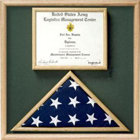 Elegant Flag and Certificate Combination Box made of solid oak or walnut, designed to display a folded 3' x 5' flag and memorabilia.
