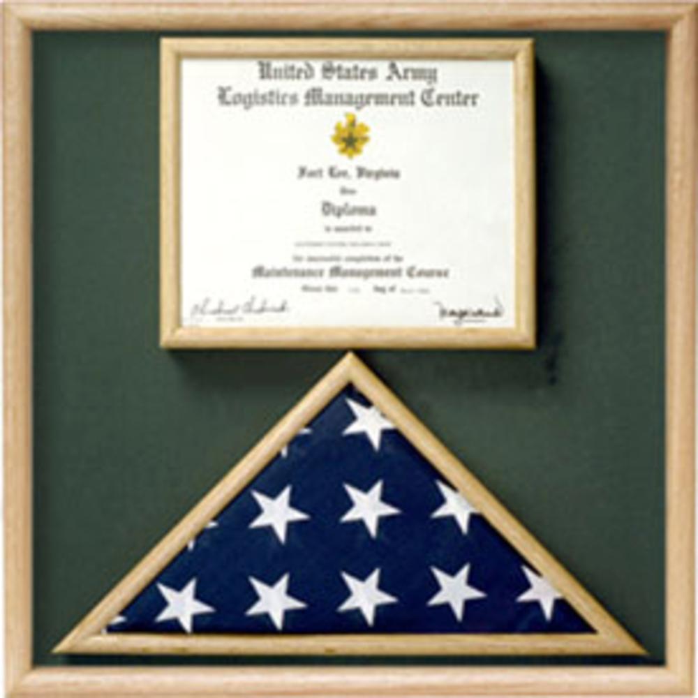 Elegant Flag and Certificate Display Case made from solid oak or walnut, showcasing a folded flag and memorabilia.