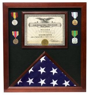 Elegant American flag and document display case made from solid oak with cherry stain, featuring plexiglass viewing pane and black felt backing.
