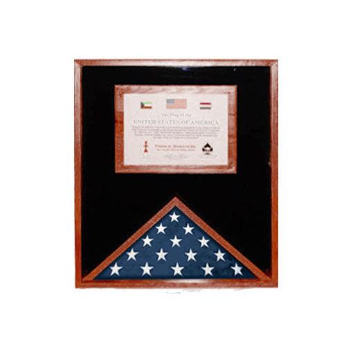 Handcrafted flag and document case made from US hardwood, displaying a 3ft x 5ft flag and an 8.5-inch x 11-inch document holder.
