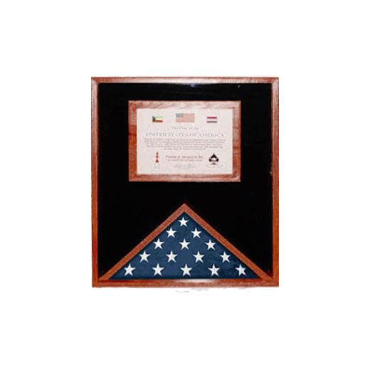 Elegant flag and document case made from US hardwood, displaying a 5ft x 9.5ft flag and an 8.5x11 inch document, with glass front and medal hanging space.