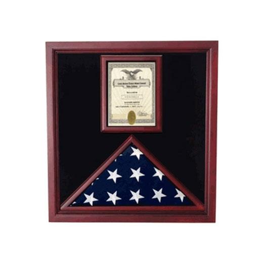 Elegant Cherry Flag and Document Case displaying a flag and certificate, featuring a plexiglass front and black lining.