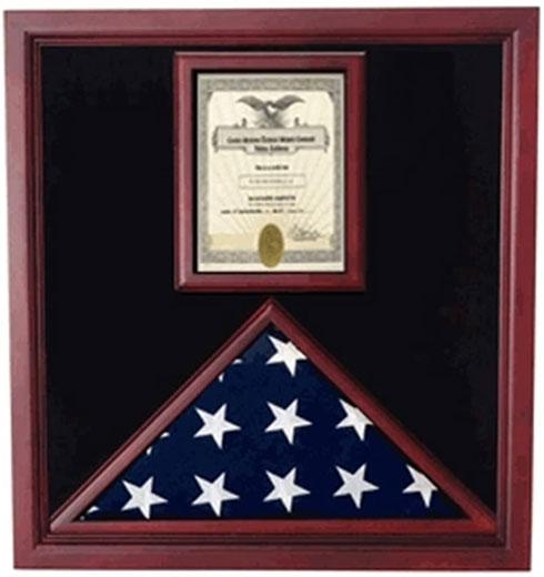 Elegant cherry wood Flag and Document Case displaying a 3' x 5' flag and an 8 1/2 x 11 document, with a plexiglass front and black lining.
