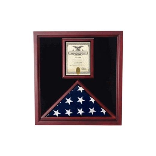 Cherry Flag and Document Case displaying a 5' x 9.5' flag and an 8.5" x 11" document with medals on the back board.