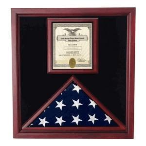 Cherry wood flag and document display case featuring a glass front and black lining, designed to hold a 3' x 5' flag and an 8.5' x 11' document.