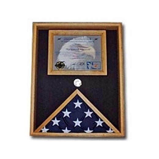 Oak Flag and Document Display Case featuring a glass front, black lining, and space for medals.