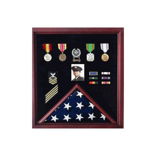 Elegant Flag and Medal Display Case made from cherry wood, featuring a glass front and black lining, designed to showcase flags and medals.