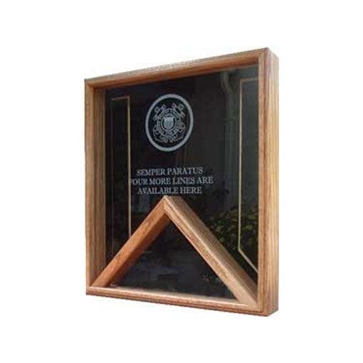 Military Flag and Medal Display Case - Shadow Box in walnut finish, showcasing medals and a folded flag.