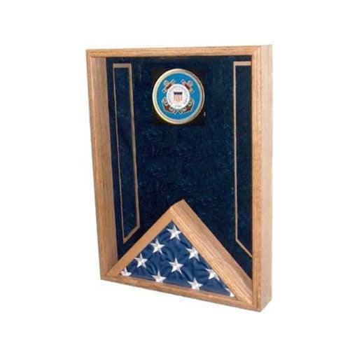 Military Flag and Medal Display Case - Shadow Box in walnut finish, showcasing medals and a folded flag.