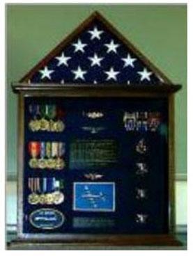 3'x5' flag and medal display case in Red Oak, Walnut, or Cherry with blue background, showcasing military memorabilia.