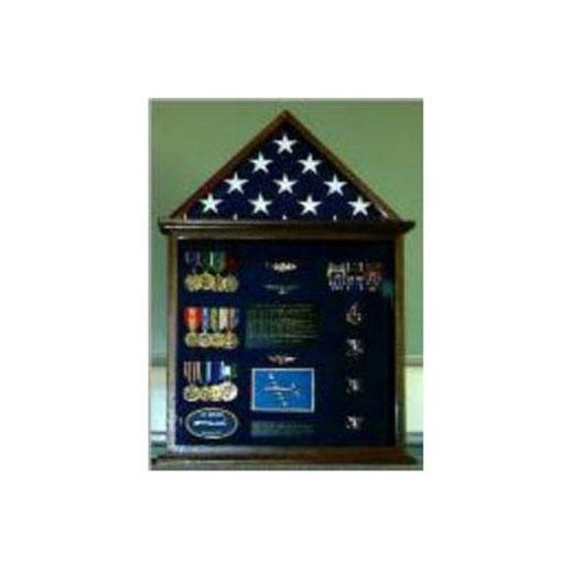 Flag and Medal Display case showcasing a military flag with a red background, crafted from Red Oak, Walnut, or Cherry.