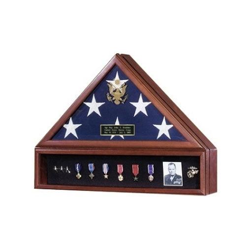 High-quality flag and medal display case featuring beveled glass and solid wood finish, designed to honor military and uniformed service members.