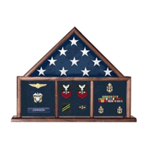 Walnut Flag Shadow Box displaying a flag and medals, featuring a rich finish and customizable background.