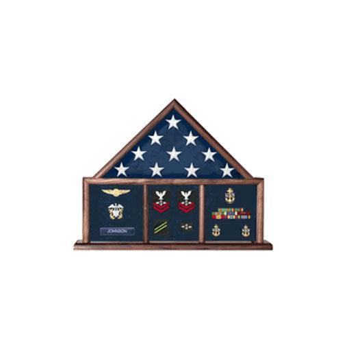 A beautifully crafted Flag and Memorabilia Shadow Box displaying a military flag and medals, available in Red Oak and Walnut finishes.