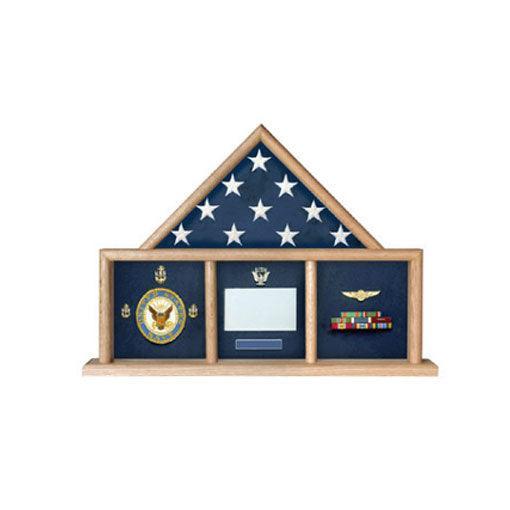 A beautifully crafted Flag and Memorabilia Shadow Box displaying a military flag and medals, available in Red Oak and Walnut finishes.