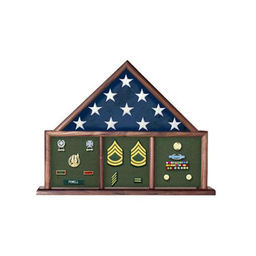 A beautifully crafted Flag and Memorabilia Shadow Box displaying a military flag and medals, available in Red Oak and Walnut finishes.