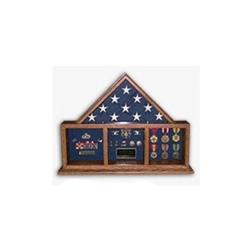 A beautifully crafted Flag and Memorabilia Shadow Box displaying a military flag and medals, available in Red Oak and Walnut finishes.