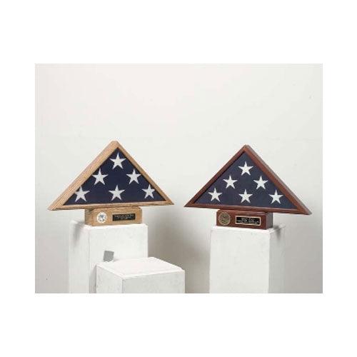 Solid walnut flag and pedestal case with beveled glass and gold Great Seal, designed for burial flags.