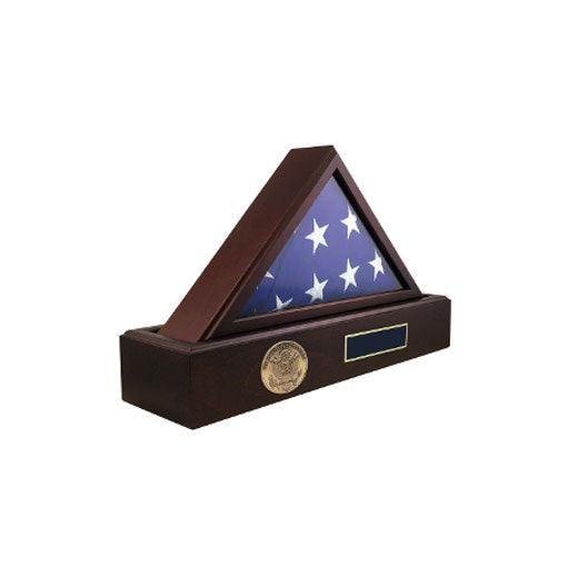 Personalized pedestal display case for a 3x5 flag, handcrafted from solid cherry wood with a rich finish and beveled glass.