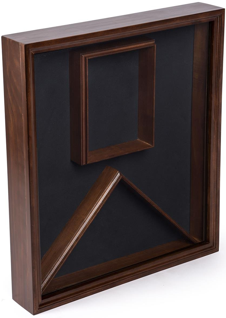 Elegant cherry wood flag and photo display case with glass cover, showcasing a flag and a photo on black velvet backing.