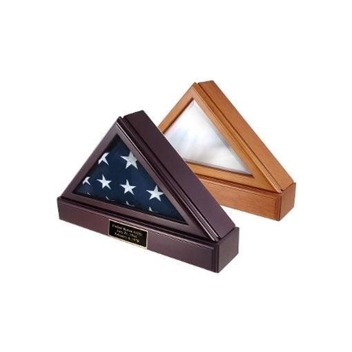 Elegant cherry finish flag box with pedestal, designed for 5ft x 9ft flags, featuring a glass front and engraved brass plate.