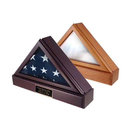 Elegant Flag Box with matching pedestal, designed for 3' x 5' and 5' x 9' flags, available in Cherry and Oak finishes.
