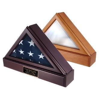 Personalized engraved flag box with cherry finish, beveled glass front, and matching pedestal for displaying a 5ft x 9ft flag.