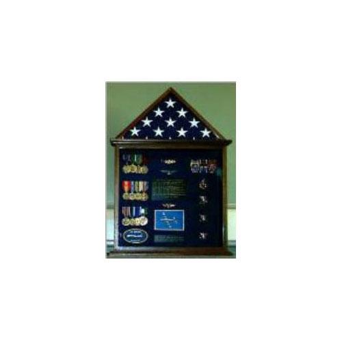 Elegant flag display case in red oak with a vibrant background, showcasing a military flag and medals.