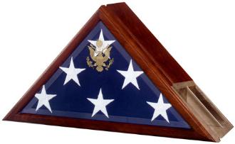 Elegant flag case with built-in urn compartment featuring the Great Seal of the United States, crafted from solid wood with a beveled glass front.