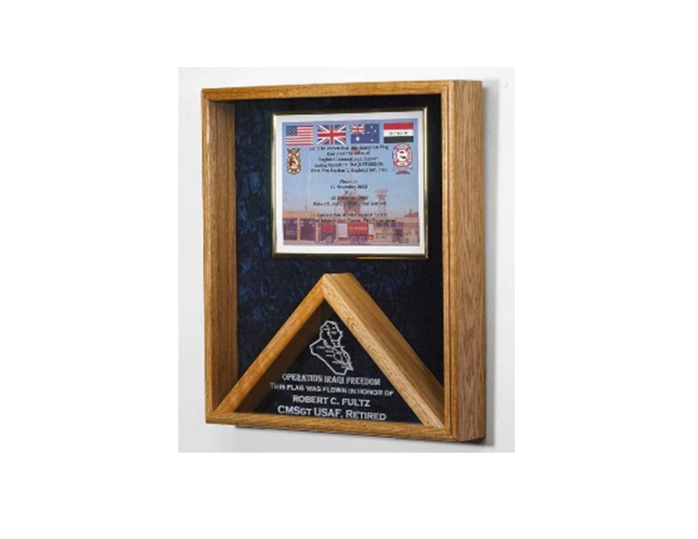 Elegant oak flag case shadow box displaying a folded 3x5ft flag with a crushed velvet background and optional laser engraving.