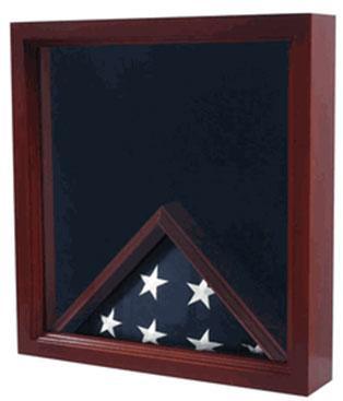 Elegant oak-finished flag display case with medals and documents, showcasing military pride.