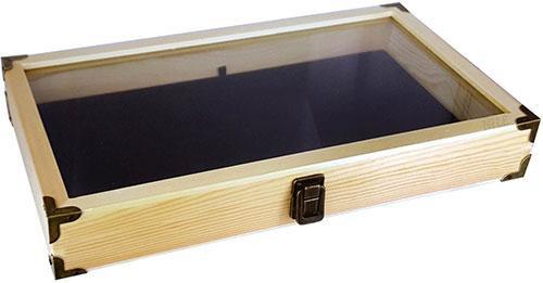 Flag Connection Natural Wood Color Wooden Tempered Glass Jewelry Display Case with black velvet tray insert, showcasing elegant design and functionality.