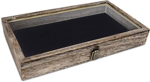 Flag Connection Wooden Jewelry Display Case with a tempered glass top, featuring a removable black velvet insert for jewelry storage.