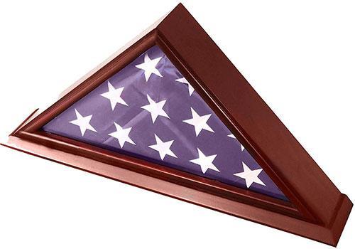 Elegant cherry wood flag display case for 5x9 burial flags with glass front and wall mount options.