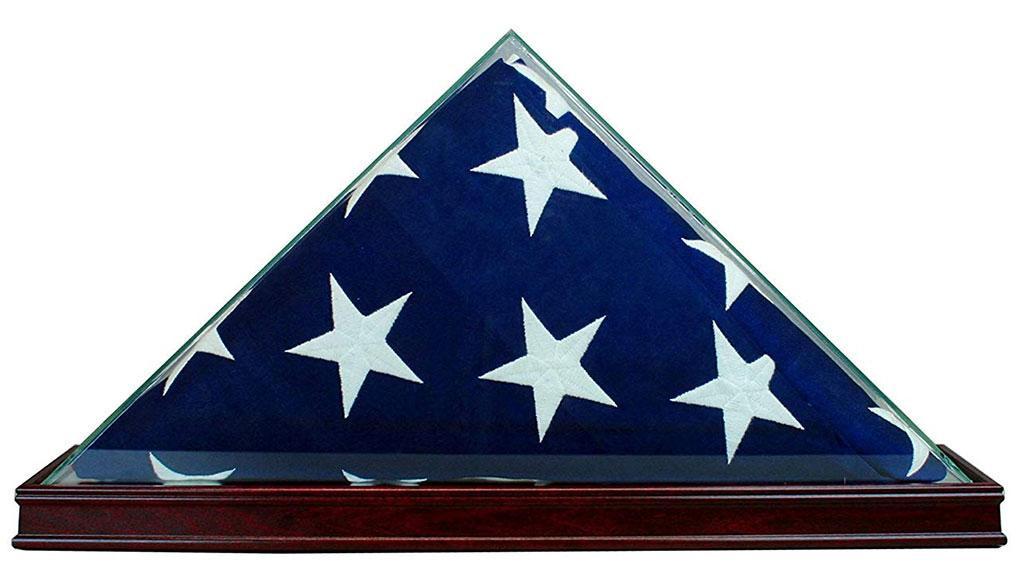 Elegant all glass flag display case for 9.5' x 5' flag, featuring rich wood moulding and UV protection.