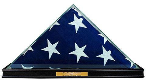 Elegant all glass flag display case for 9.5' x 5' flag, featuring upgraded moulding and customizable engraving plate.