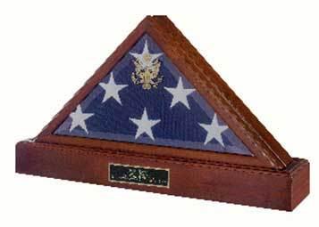 American Burial Flag Case made of solid walnut with beveled glass and gold Great Seal, featuring a pedestal for urn use.
