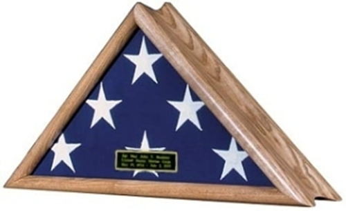 American Patriot Flag Display case with glass front and oak finished back panel, showcasing a large flag.