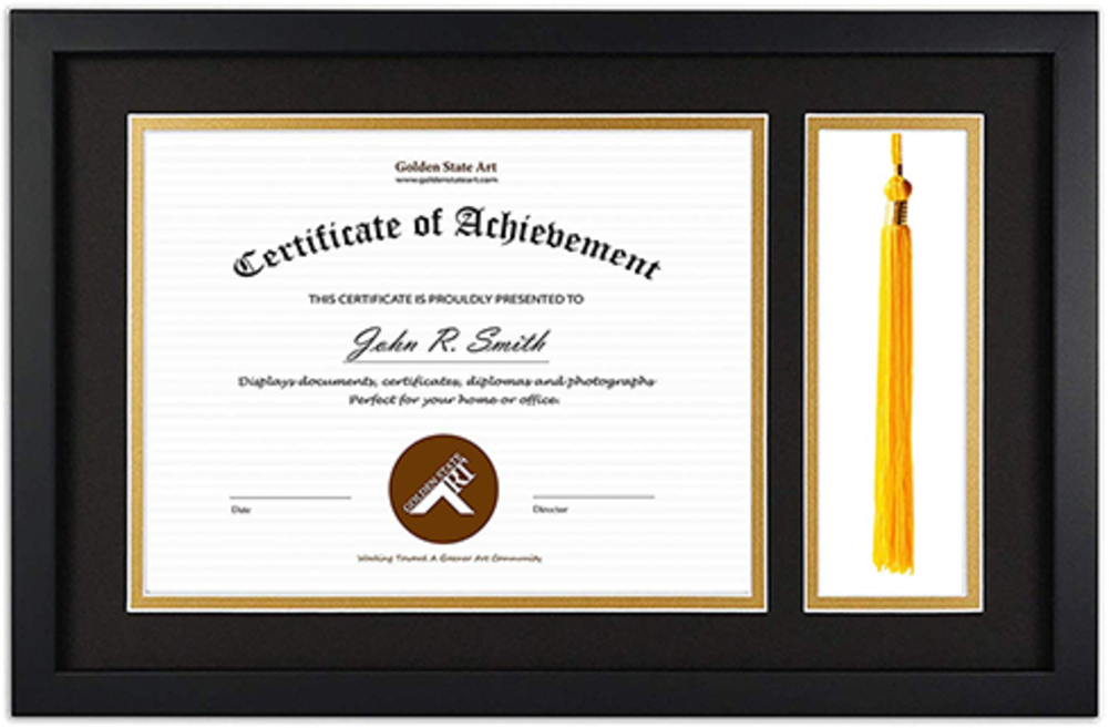 Flag Connections Diploma Tassel Shadow Box Frame displaying a diploma and tassel in an elegant black and gold design.