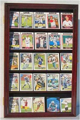 Flag Connections Display Case showcasing various sports trading cards with a black fabric background and glass door.