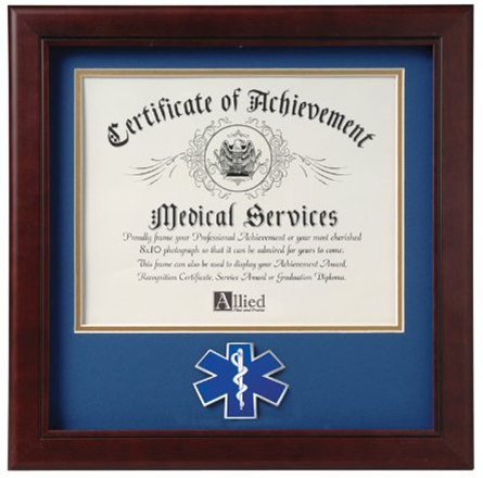 Elegant mahogany wooden frame with a die-cast Medical Service medallion, designed for displaying certificates.