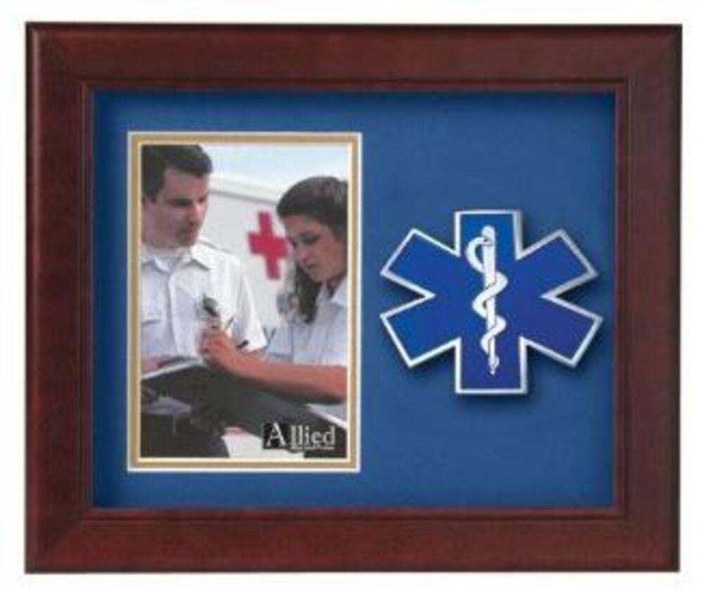 Mahogany colored vertical picture frame with EMS medallion, displaying a 4x6 inch photo.