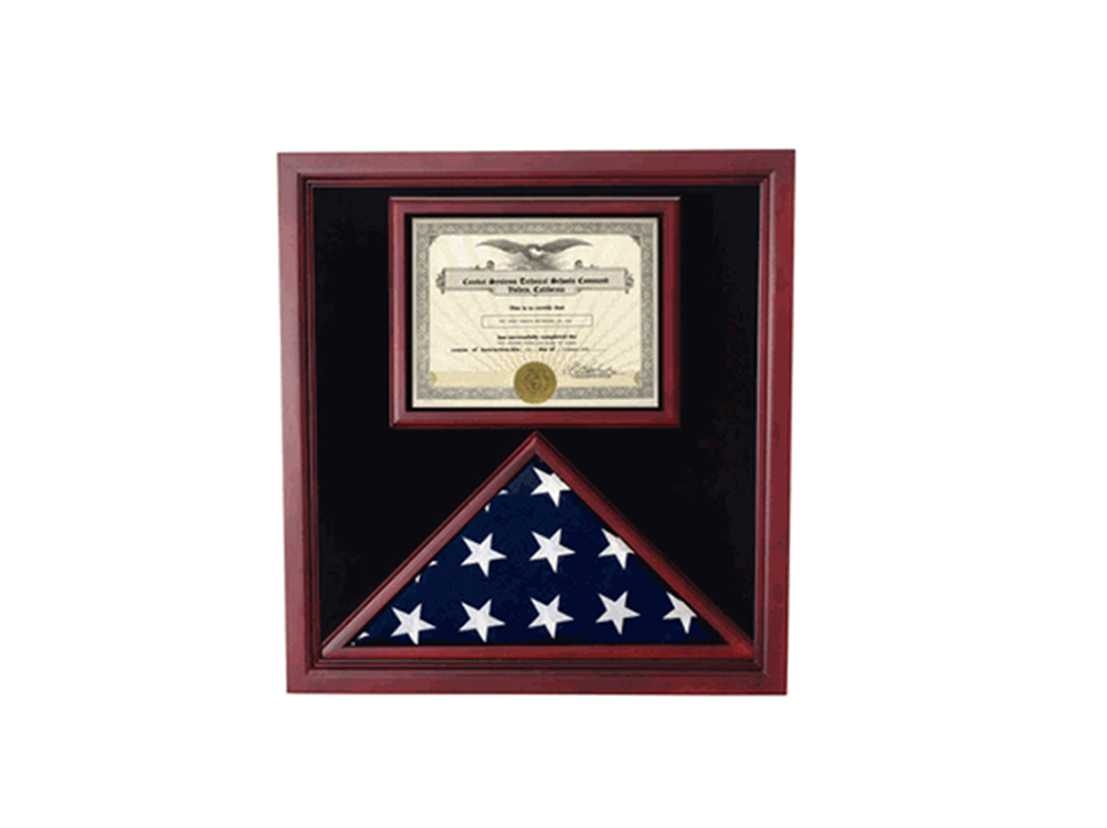 Extra Large Award and Flag Display Case for 3x5 flag, made of cherry wood, elegantly showcasing a folded flag.