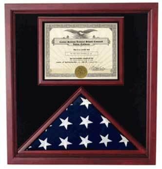 Extra Large Award & Flag Display Case in elegant cherry wood, designed for 3x5 flags, showcasing a military tribute.